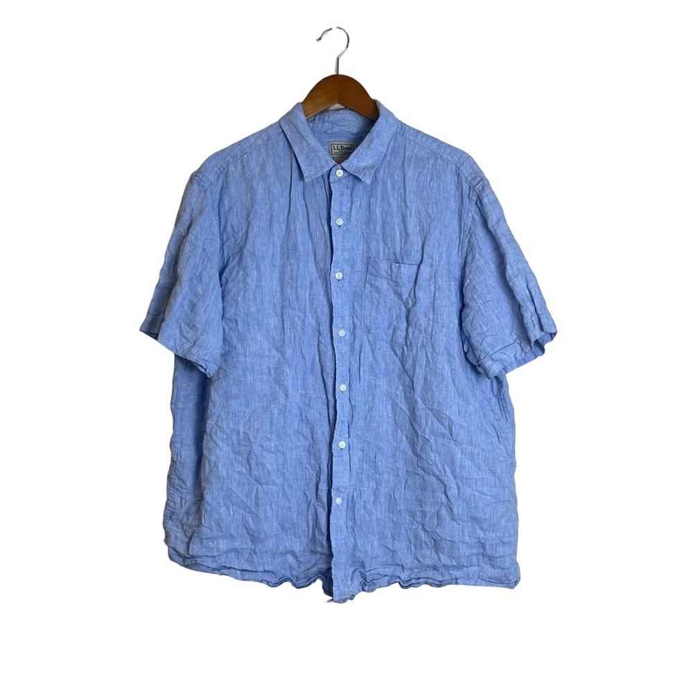 L.L. Bean blue 100% linen short sleeve‎ button down shirt